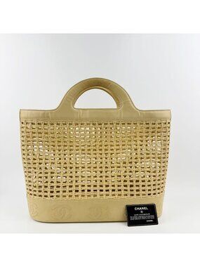 Chanel CC Logo Handbag Leather Mesh Beige Vintage